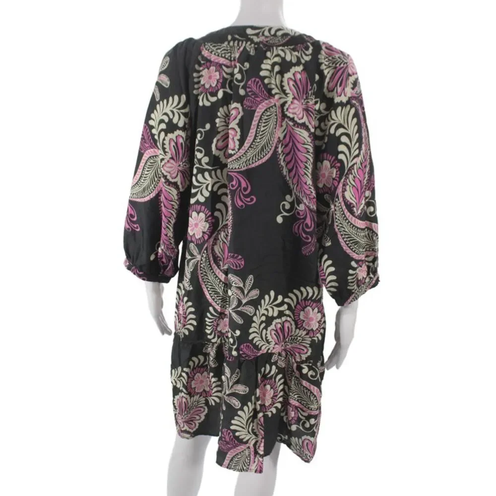 Johnny Was Workshop Womens Silk Black Shift Dress 3/4 Sleeve Tie Size L